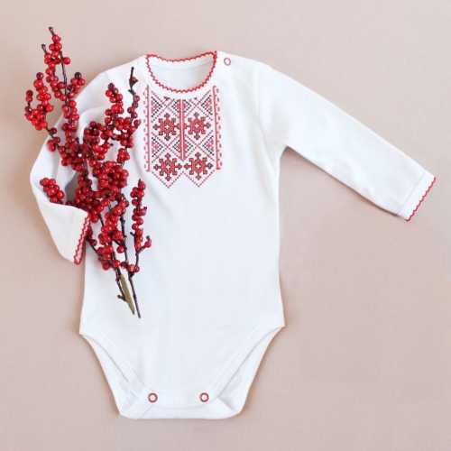 Ukrainian Vyshyvanka, red embroidered bodysuit long short sleeve, Embroydery Ukraine ornament, Christmas style baby clothes