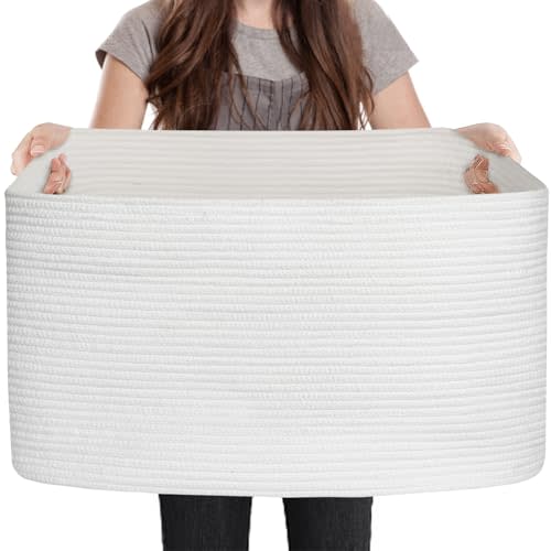 MEGASKET Extra Large White Storage Basket, 23.6" x 17" x 12" Rectangle, Cotton Rope, Laundry Toy Organizer, Wicker XXXL Basket