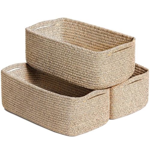Goodpick Storage Baskets, Closet Shelf Organizers for Gifts Empty Baskets for Shelves Dog Toy Basket Woven Baskets for Storage for Towels for Organizing 3 Pack, White & Brown, 13 x 8 x 5 in
