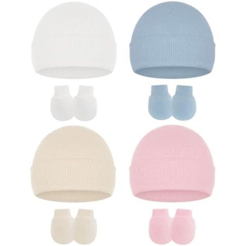 Stretchy Baby Hats and Mittens, Ribbed Neutral Newborn No Scratch Gloves Beanie Hospital Hat Set for Girls Boys