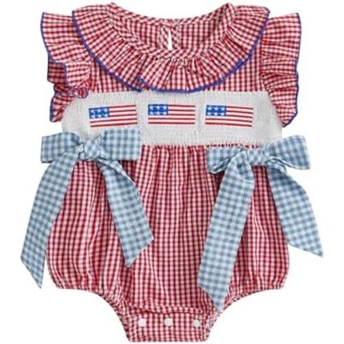 Newborn Baby Girl 4th of July Outfit Flag Embroidered Smocked Bubble Romper Plaid Ruffle Sleeve Bodysuit Jumpsuit