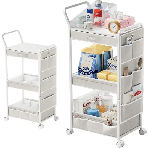 BBLIKE 3-Tier Diaper Caddy Organizer - Rolling Utility Baby Cart with Drawer and Side Pockets for Nursery and Baby Essentials, Multi-Function Cart for Bedroom and Bathroom, White