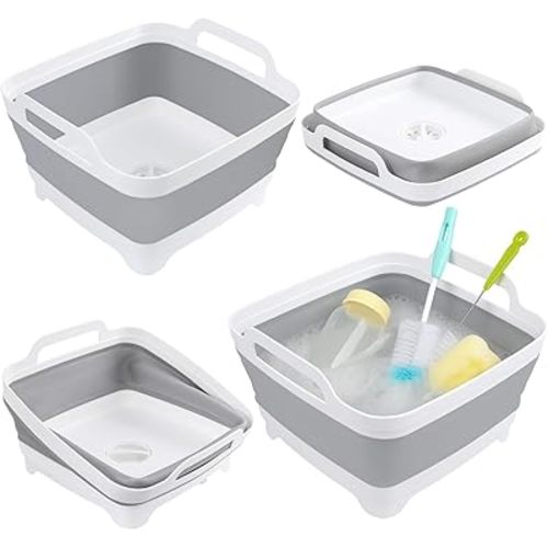 Collapsible Dish Basin, Aertiavty 2 Pack Collapsible Bottle Washing Basin Dish Pans for Kitchen Sink 2.4Gal Plastic Silicone Wash Tub with Drain for Camping, RV, Foldable Wash Basin Space saving