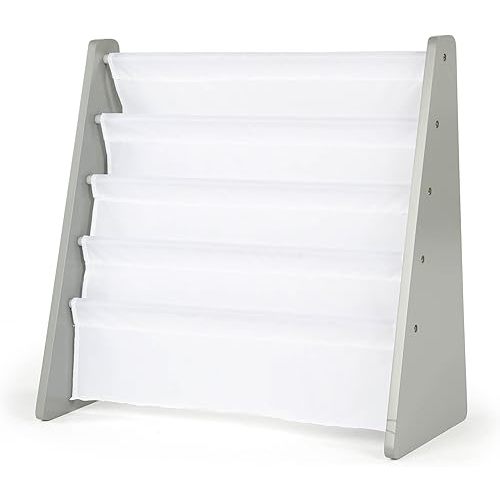 Humble Crew 4-Tier Kids Bookshelf, Grey Wood/White - Premium Book Shelf for Kids Rooms with Four Deep Pockets - Toddler Sling Book Rack with Deep Sleeves, Nursery Bookcase Organizer