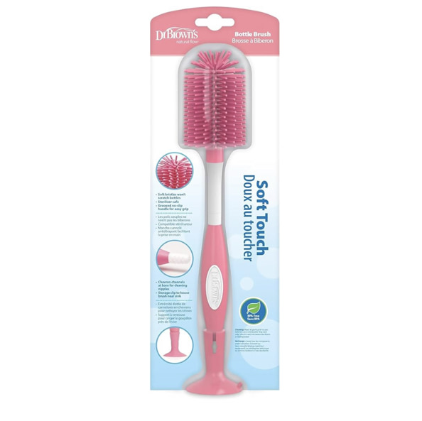 Dr. Brown's Soft Touch No Scratch Baby Bottle Cleaning Brush Nipple Cleaner with Stand and Storage Clip, BPA Free, Pink 1-Pack