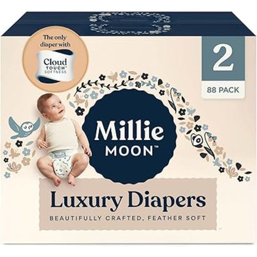 Millie Moon Luxury Diapers – Ultra Soft CloudTouch Disposable Diapers with 12 Hour Absorbency & Wetness Indicator (2-88ct)
