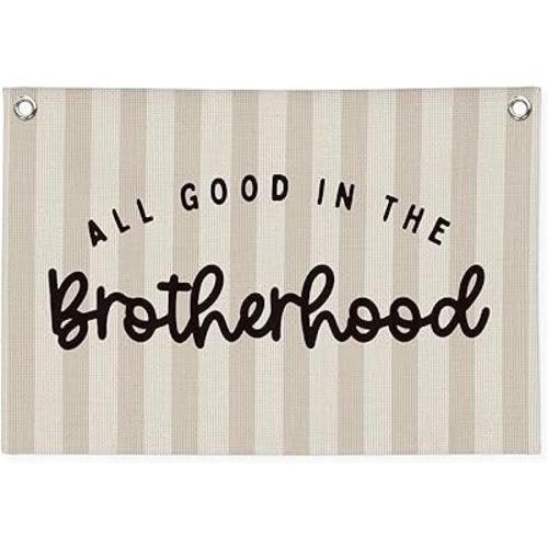 Boy Nursery Decor,Playroom Decor, All Good in the Brotherhood Linen Canvas Banner – Boys Room Wall Hanging Flag for Nursery Kids Bedroom 20x30 Inch