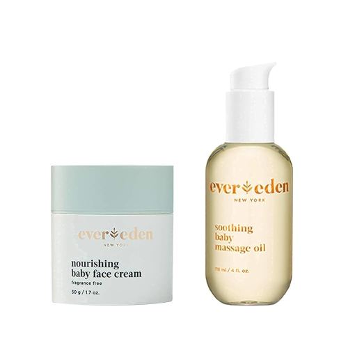 Evereden Soothing Baby Massage Oil, 4 fl oz & Nourishing Baby Face Cream, 1.7 oz | 2 Item Bundle Set | Clean and Unscented Baby Care