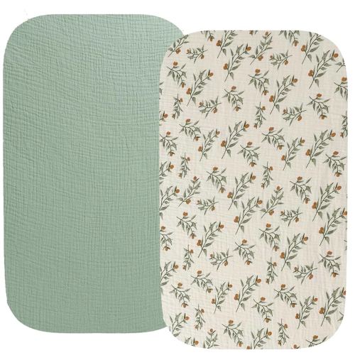 Muslin Bassinet Sheet Compatible with Maxi-COSI Iora,Swift Lightweight Portable Bassinet, AMKE Baby Bassinets, 2 Pack Cotton Stylish Boho Fitted Bassinet Sheets for Baby Roman Green & Botanical Leaf