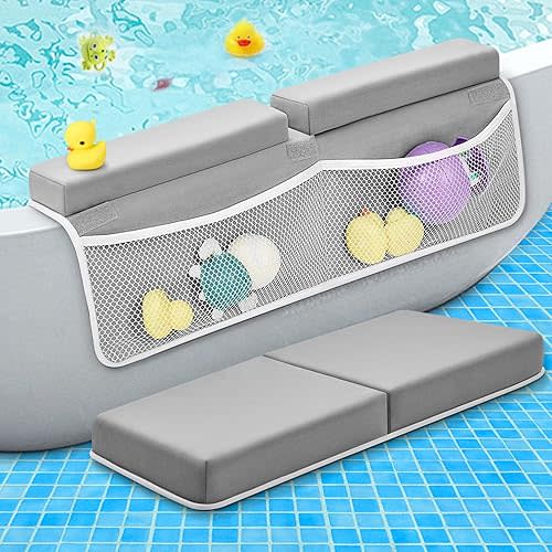 Baby Bath Kneeler and Elbow Rest Pad Set - 26'' Extra Long and 2.4'' Thick, Quick Dry Kneeling Pad for Bathing Baby with Knee & Arm Support, Foldable Non-Slip Bathtub Mat with Toys Organizer
