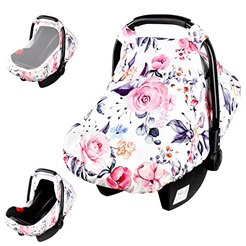 Floral Infant Car Seat Canopy with Peep Windows and Breathable Mesh, Kick-Proof, Soft Stretchy Baby Car Seat Cover for Newborns, Pink