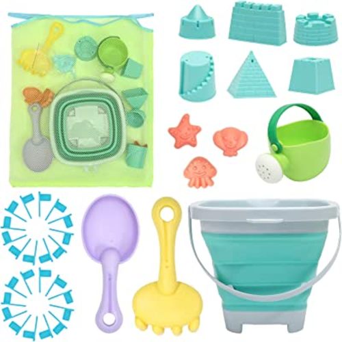 RACPNEL Beach Toys Sand Set for Kids, Collapsible Bucket and Shovels with Mesh Bag, Molds, Flags, Sandbox Kids Toddlers, Travel (Tavel Size)