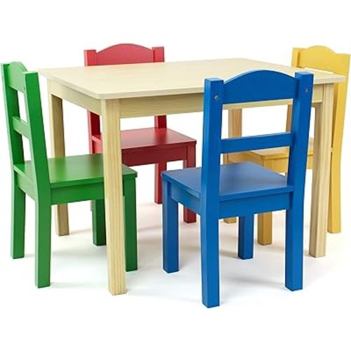 Humble Crew Collection Kids Wood Table & 4 Chair Set, Natural/Primary
