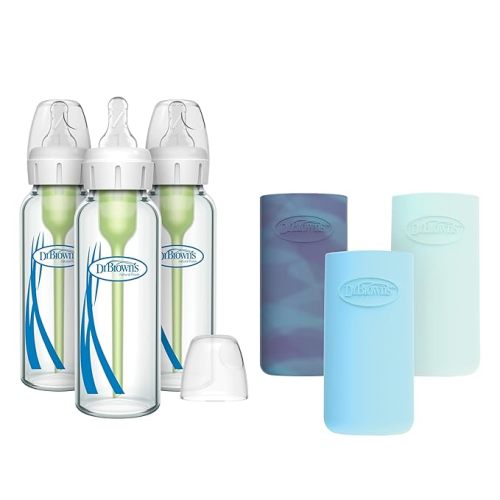 Dr. Brown's Natural Flow Anti-Colic Options+ Narrow Glass Baby Bottle, 8 oz/250 mL, with Silicone Bottle Sleeve, 3 Pack, Glow/Blue/Mint