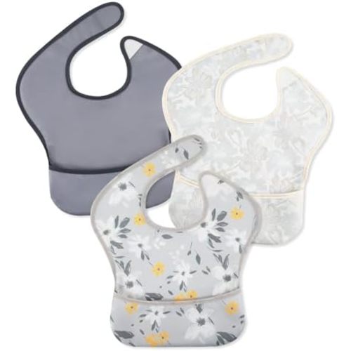 Mess Proof Baby Bib 3 Pack, Waterproof Led Weaning Baby Feeding Bibs with Food Catcher, Travel Feeding Bibs