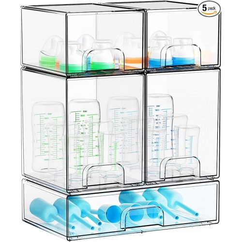 Yieach 5 Set Clear Baby Bottle Organizer for Countertop,BPA FREE Bottle Station Organizer for Breast Pump Parts,Pacifier and Baby Accessories,Stackable Drawers for Bathroom,Cabinet,Pantry Organization