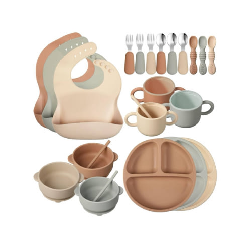 24 Pack Silicone Baby Feeding Set Baby LED Weaning Supplies Includes Suction Divided Plates Soft Bowl Spoons Forks Adjustable Bib Snack Cup and Straws(Walnut Color, Beige, Smoky Gray)