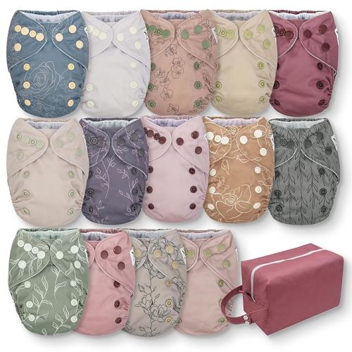 Nora's Nursery Newborn All in One Cloth Diaper 14 Pack with 1 Diaper Pod to Hold Clean Diapers - Waterproof Cover, Washable, Reusable & 1 Size Adjustable Cloth Diaper for under 12lbs - Blushing Blooms