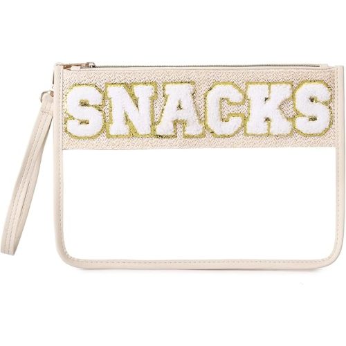 Chenille Letter Clear Zipper Pouch for Travel Clear Snack Bag Beach Cosmetic & Toiletry Makeup Bag for Women (Snacks-1)