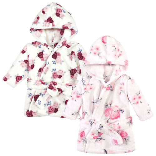 Hudson Baby Infant Girl 2Pc Plush Animal Face Bathrobe, Pink Floral Floral, 0-9 Months