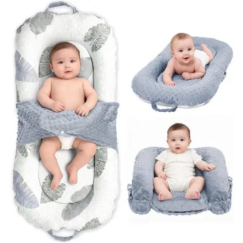 Baby Lounger, 3-in-1 Portable Infant Lounger for Newborns 0-24 Months, Foldable Tummy Time Pillow and Sitting Seat with Removable Cover, Dual-Sided 100% Cotton and Velvet, Ideal Baby Shower Gift