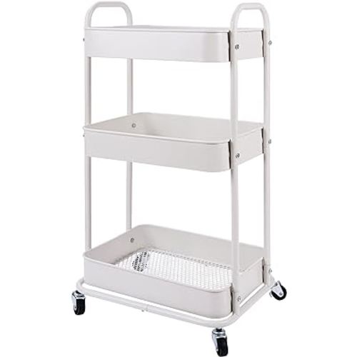 YOHKOH 3-Tier Metal Rolling Utility Cart, Storage Trolley Cart with Mesh Baskets and Lockable Wheels for Bathroom Kitchen Office(White)