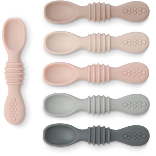 Simka Rose Silicone Baby Spoons Self Feeding 6 Months - First Stage Infant Spoons for Babies & Toddlers- Baby Led Weaning Spoons Set of 6- Easy on Gums Food Training Utensils Dishwasher Microwave Safe - Neutrals