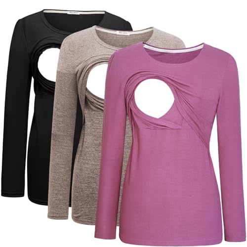 Bearsland Women's 3 Packs Maternity Clothes Long Sleeves Breastfeeding Shirts Nursing Top