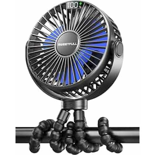 SWEETFULL Portable Stroller Fan with LED Display 4000mAh Battery Powered Mini Clip Fan, 4-Speed Rechargeable Small Personal Fan Handheld Desk Cooling Fan for Car Seat Crib Treadmill Travel-Black