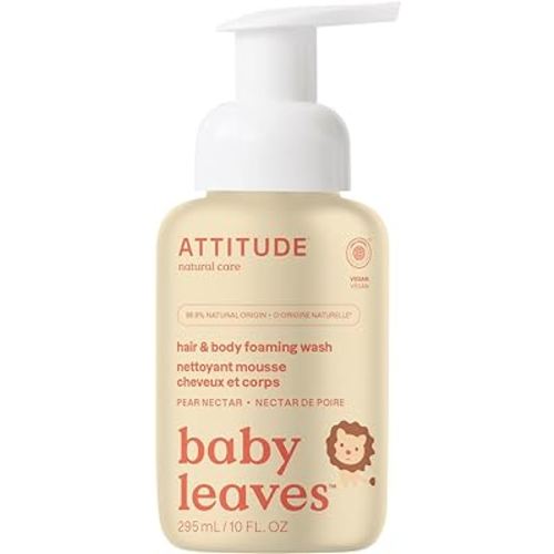 ATTITUDE 2-in-1 Hair and Body Foaming Baby Wash, EWG Verified Shampoo Soap, Dermatologically Tested, Made with Naturally Derived Ingredients, Vegan, Pear Nectar, 10 Fl Oz
