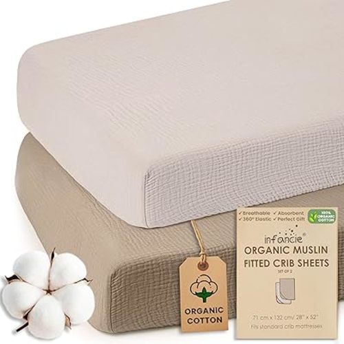100% Organic Cotton Muslin Crib Sheets (Set of 2) – Soft & Breathable Fitted Sheets for Boys and Girls, Neutral Colors – Fits Standard Baby Crib Mattress (28 x 52 Inches) Olive/Ivory