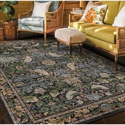 Vintage Floral Area Rug 5x7 - Dark Green Forest Bird - Non Slip Stain Resistant Low Pile