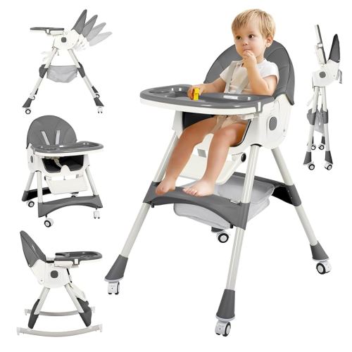 Foldable Baby High Chair,6 in 1 Portable Convertible High Chairs for Babies and Toddlers with Lockable Wheels,Adjustable Height & Recline,Double Removable Tray