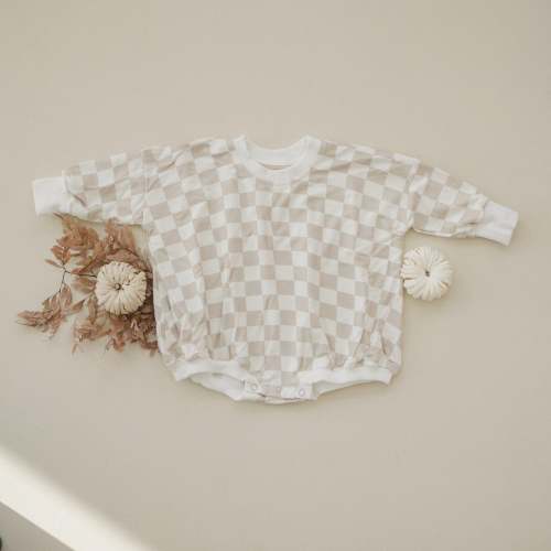 Neutral Checkered Bamboo Bubble Romper | Little Joy Co.