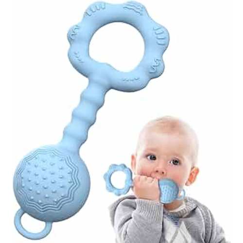Teethers for Babies 6-12 Months, Rattles for Babies 0-6 Months, 2-in-1 Rattle and Teether Toy for Soothing Sore Gums and Keeps Little Ones Entertained, Food Grade Silicone, Blue