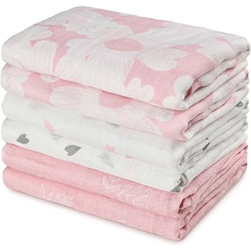 GLLQUEN BABY Receiving Blanket Boy Cotton Muslin Swaddle Blankets Girl Newborn Squares Breathable & Soft Thin Baby Blankets Cloths Double Absorbent Infant Swaddling Wrap - 6 Pack (Rosebud)