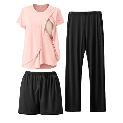 Rnxrbb 3 Piece Postpartum Nursing Pajamas Set Casual Soft Maternity Breastfeeding Pjs Sleepwear Loungewear Clothes Layer