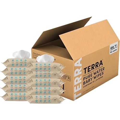Terra Bamboo Baby Wipes: Pure Water Wipes, 99.7% Pure New Zealand Water, 100% Biodegradable Bamboo Fiber, 0% Plastic, Unscented Baby Wipes for Sensitive Skin, 10 Pack of 24 Wipes