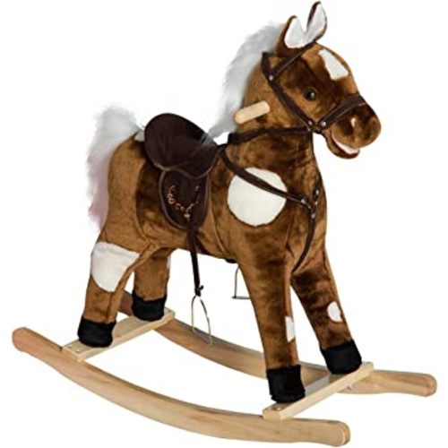 Qaba Kids Metal Plush Ride-On Rocking Horse Chair Toy with Nursery Rhyme Music - Dark Brown