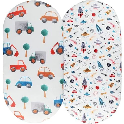 Bassinet Sheet Set 2 Pack Snug Fitted Cradle Fitted Sheets, Stretchy Ultra Soft, for Oval Rectangle Hourglass Bassinet Mattress, Unisex Boy Girl, Planet Rocket Satellite & Car