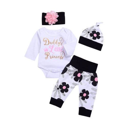 Infant Child Toddler Newborn Baby Girls Layette Set Print Romper+Plaid Pants+Hat Headband Outfits Set (Blcak, 0-3 Months)