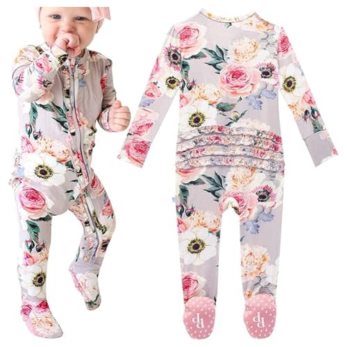 Posh Peanut Footie Pajamas for Baby Girls – Soft Viscose from Bamboo, 2-Way Zipper, Ruffle Trim - Newborn to Toddler Sleepers