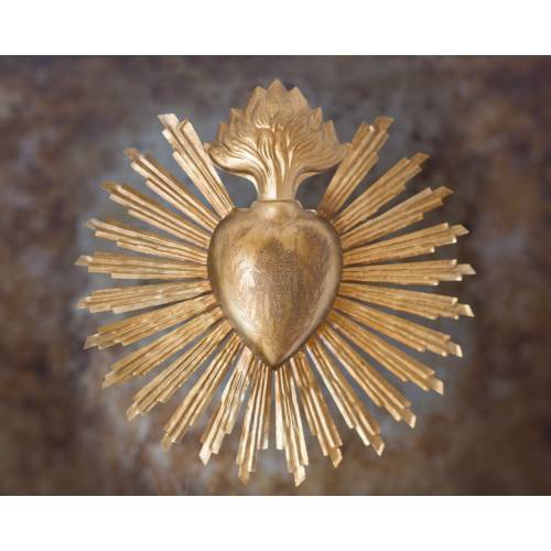 Sacred Heart, Milagro Heart, Large Antique Gold Heart Sunburst Flame, Catholic Heart, Wall Hanging