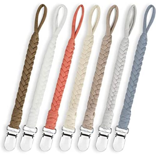 Duludulu 7 Pcs Braided Pacifier Clips for Boys and Girls, Pacifier Holder Baby Binky Clips Handmade Cotton Modern Unisex Pacifier Smoother Clip Fits All Pacifiers for Shower Birthday Gifts
