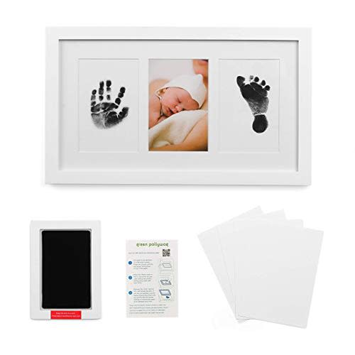Green Pollywog Baby Handprint and Footprint Kit | Elegant White Frame with Inkless, Non-Toxic Pad | Newborn Keepsake for Baby or Dog Paw Prints