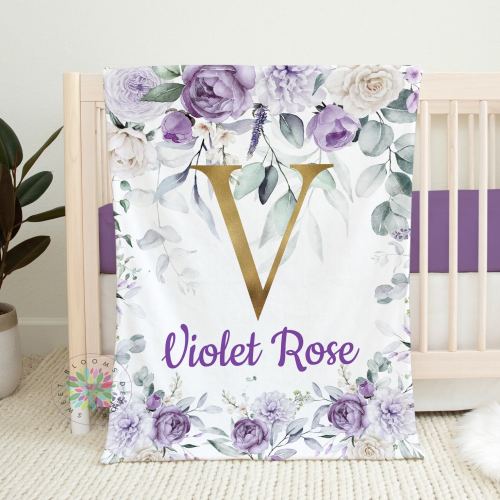 Purple Floral Baby Blanket, Personalized Girl Name Lavender Violet Gold Eucalyptus Newborn Girl Baby Shower Gift, Nursery Bedding B1671