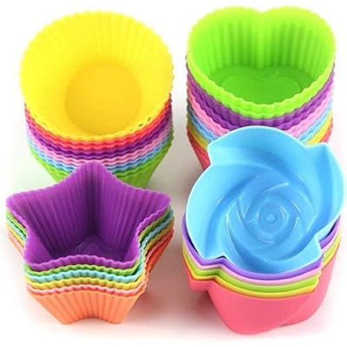 LetGoShop Silicone Cupcake Liners Reusable Baking Cups Nonstick Easy Clean Pastry Muffin Molds 4 Shapes Round, Stars, Heart, Flowers, 24 Pieces Colorful