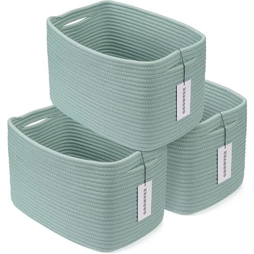 Cotton Rope storage Basket Bins Woven Basket for Organizing Shelves Rectangle Decorative Baskets For storage Clothes Toys Books Towels Square Wicker Nursery basket organizer 3 pack Green