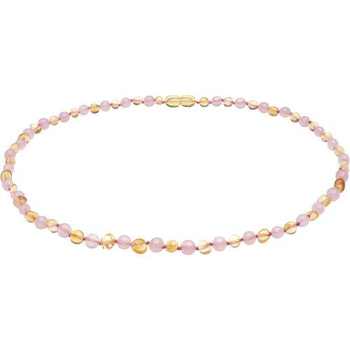Genuine Amber Necklace From Baltic Sea Made With Polished Lemon Rose Quartz 33 cm (13 Inches)