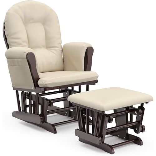 Storkcraft Premium Hoop Glider and Ottoman (Espresso, Beige) – Padded Cushions with Storage Pocket, Smooth Rocking Motion, Easy to Assemble, Solid Hardwood Base